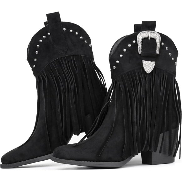 Hawkwell Women Black Fringe Cowgirl Snip Toe Pull On Dress Western Ankle Booties - Picture 1 of 6
